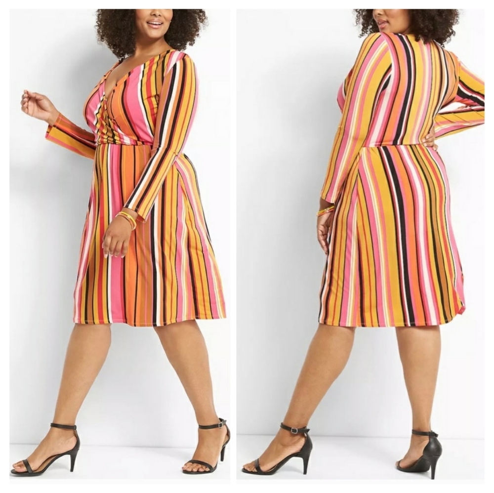LANE BRYANT Striped Faux Wrap Surplice Dress Size 14 Long Sleeve Multicolor - Picture 4 of 11